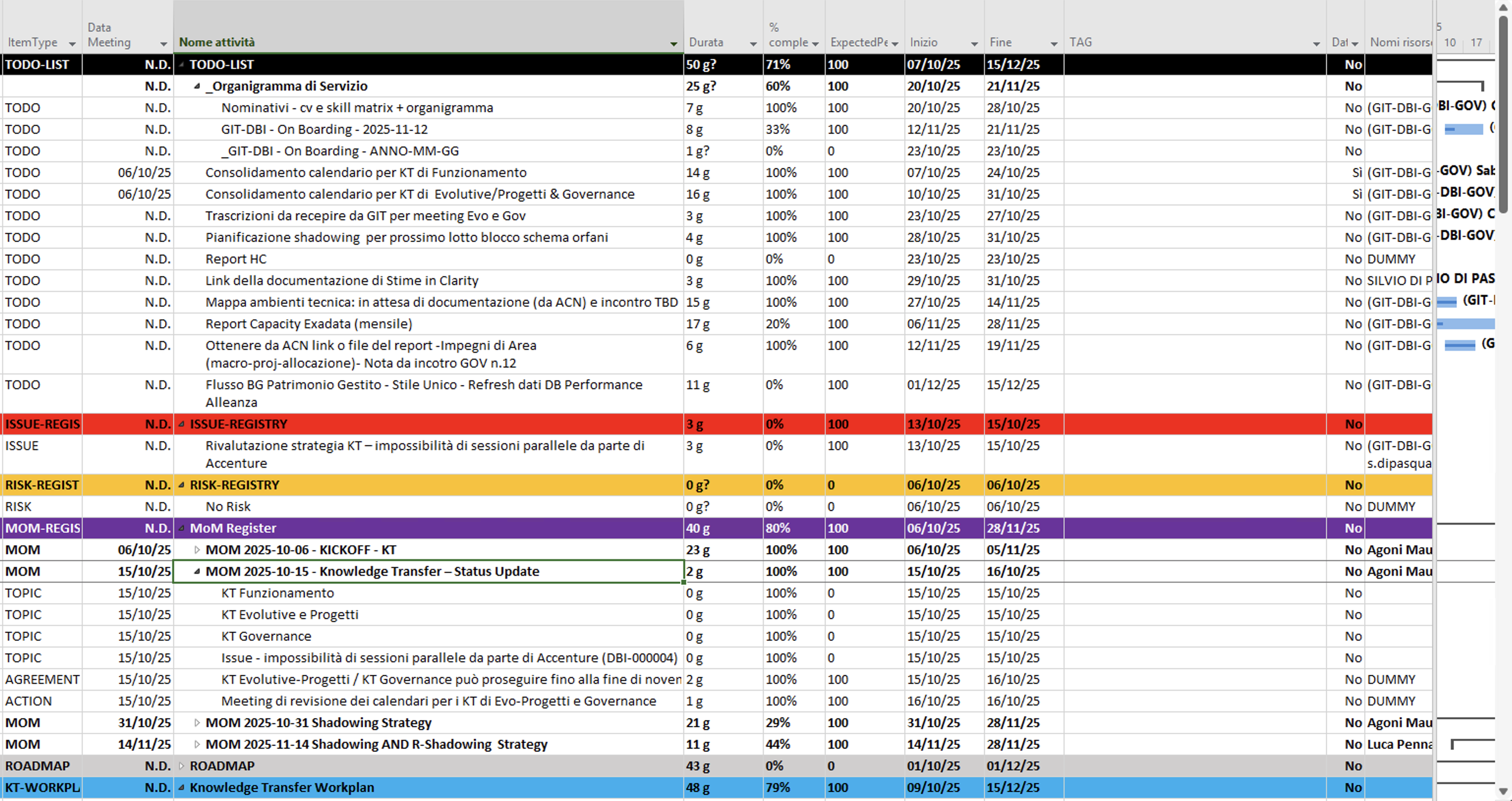 Steel – MS-Project governance view with TODO, ISSUE, RISK, MOM classification